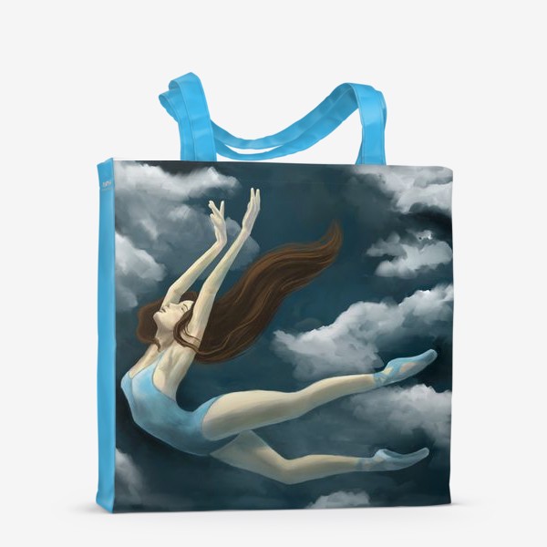 Сумка-шоппер «Балерина в боди и пуантах с каштановыми волосами в облаках»