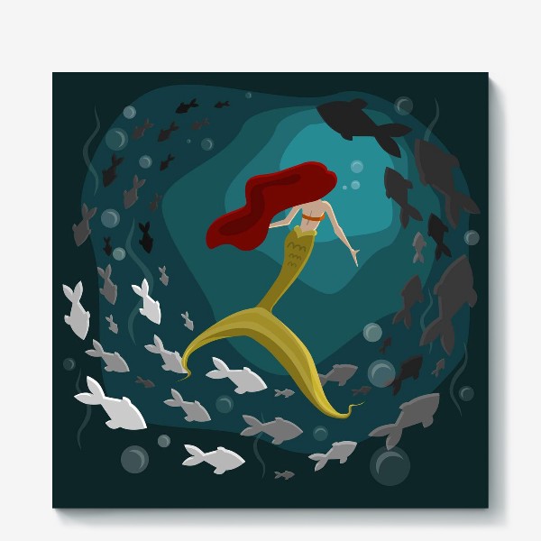 Холст «Русалка под водой с рыбками»