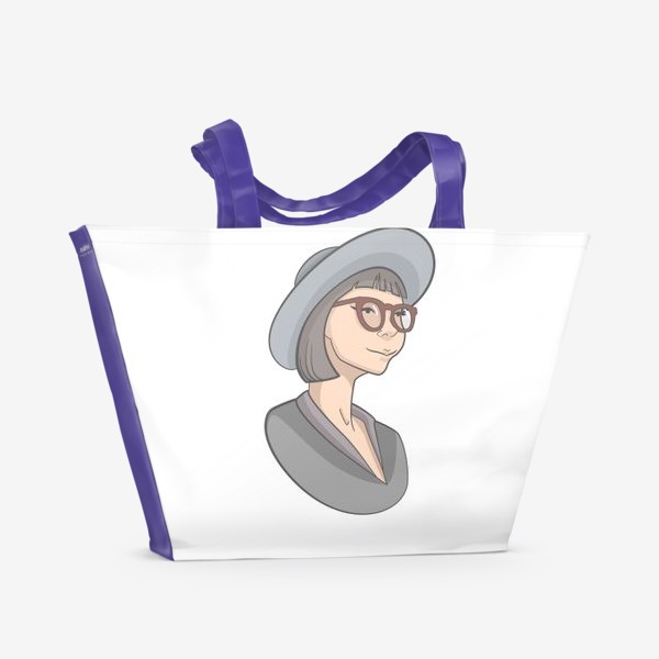 Пляжная сумка «Милая девушка с каре в очках и шляпе»