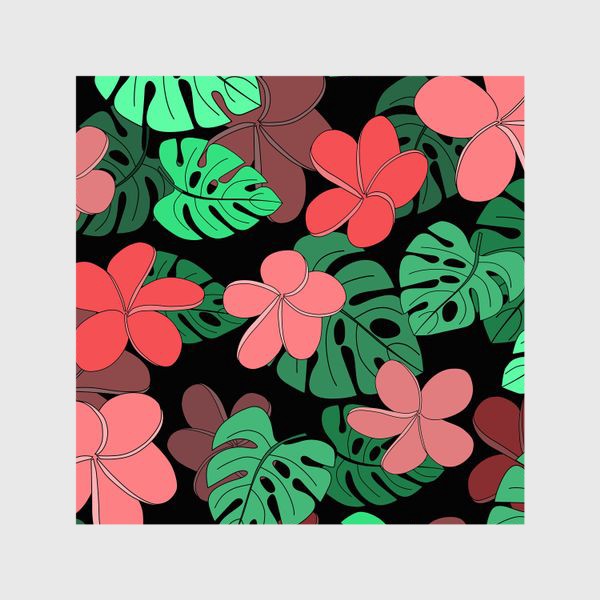 Шторы «Цветы и листья тропические на черном фоне»