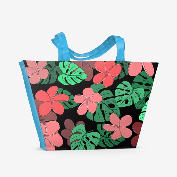 Пляжная сумка «Цветы и листья тропические на черном фоне»