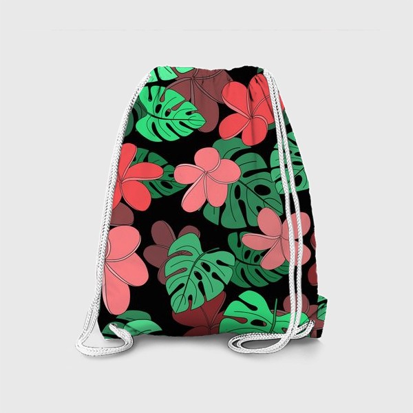 Рюкзак «Цветы и листья тропические на черном фоне»