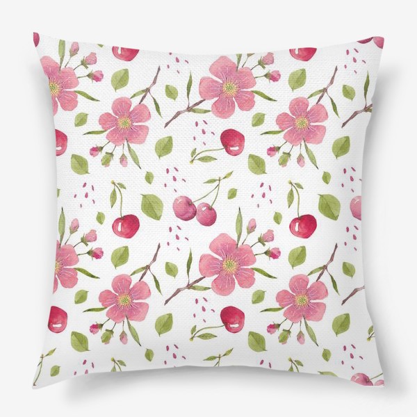 Подушка «Паттерн из акварельных цветов и вишни»