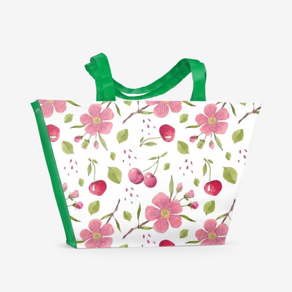 Пляжная сумка «Паттерн из акварельных цветов и вишни»