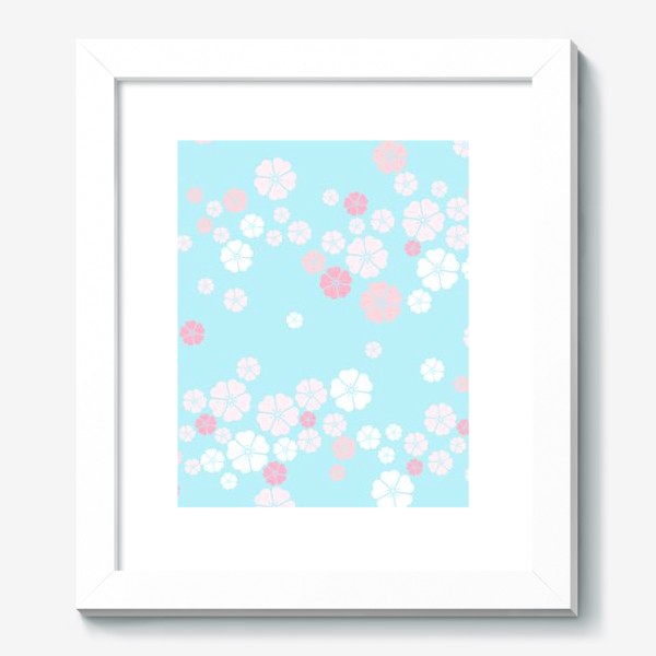 Картина «Нежный паттерн. Белые и розовые цветочки на голубом фоне.»