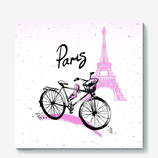Холст &laquo;Рисунок Эйфелевой башни и велосипеда  в розово черных цветах с надписью Paris&raquo;