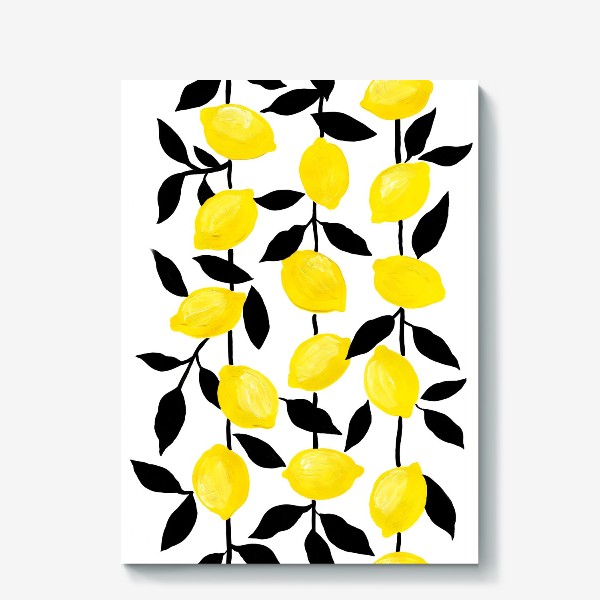Холст «Жёлтые лимоны с черными листьями, акрил и тушь»