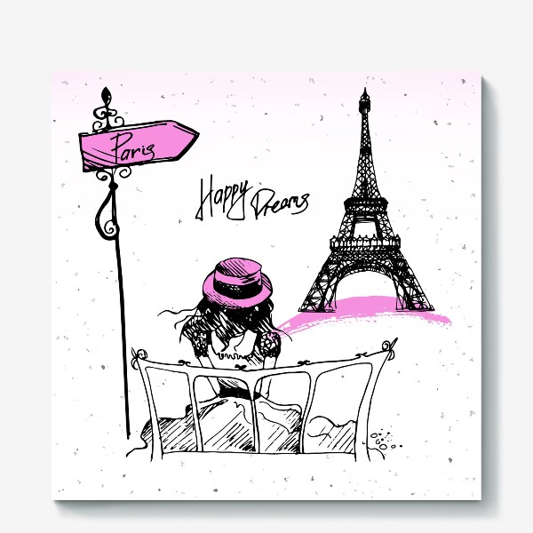 Холст «Рисунок Эйфелевой башни и романтичной девушке в черном и розовом цветах с надписью Happy Dreams»