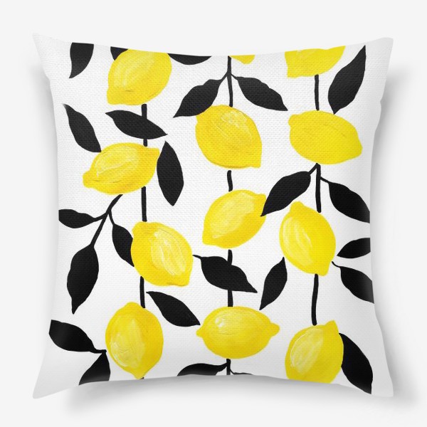 Подушка «Жёлтые лимоны с черными листьями, акрил и тушь»