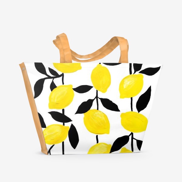Пляжная сумка «Жёлтые лимоны с черными листьями, акрил и тушь»