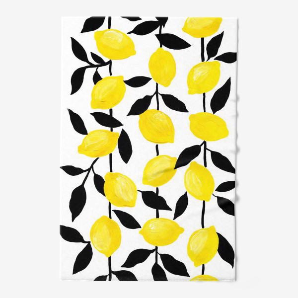 Полотенце «Жёлтые лимоны с черными листьями, акрил и тушь»