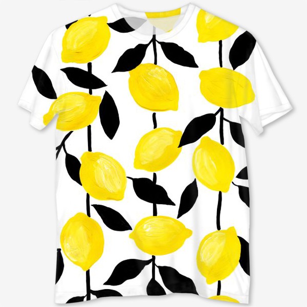 Футболка с полной запечаткой «Жёлтые лимоны с черными листьями, акрил и тушь»