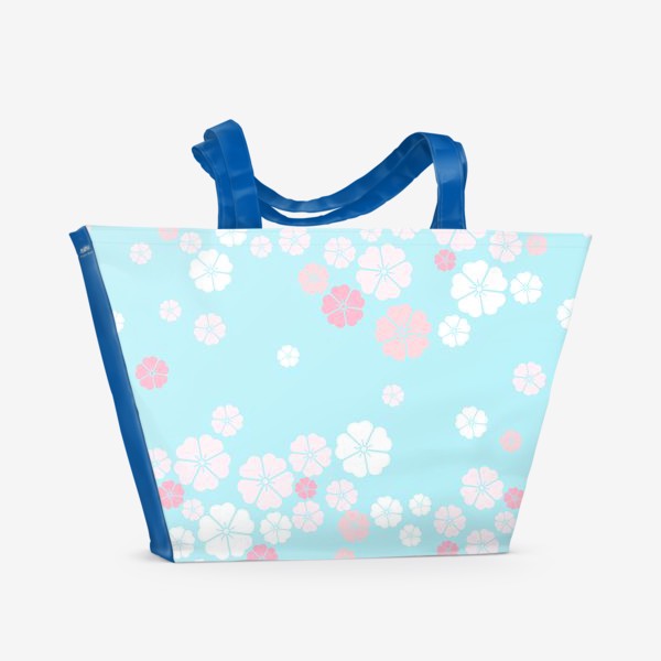 Пляжная сумка &laquo;Нежный паттерн. Белые и розовые цветочки на голубом фоне.&raquo;