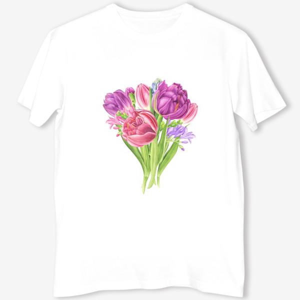 Футболка «Букет весенних цветов: тюльпаны, гиацинты и фрезия»