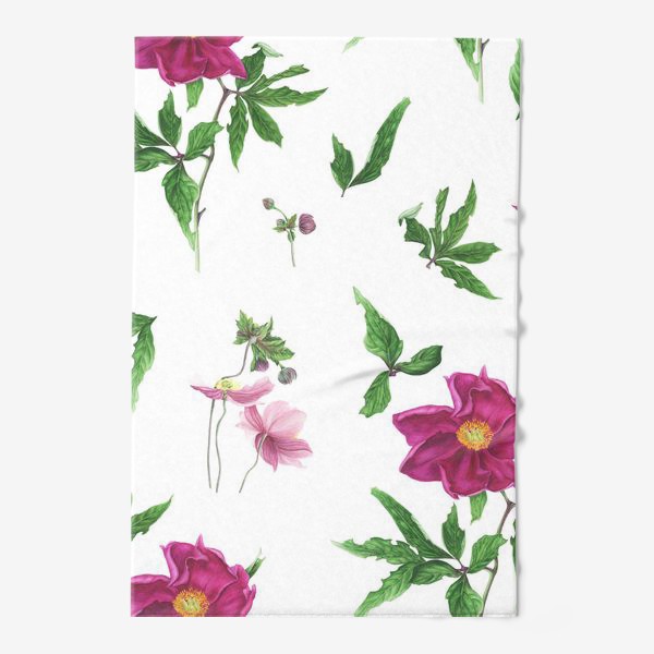 Полотенце «Розовые пионы и анемоны с листьями»
