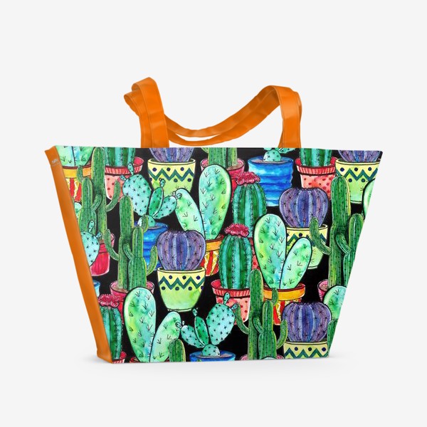 Пляжная сумка «Паттерн яркие кактусы в горшках»