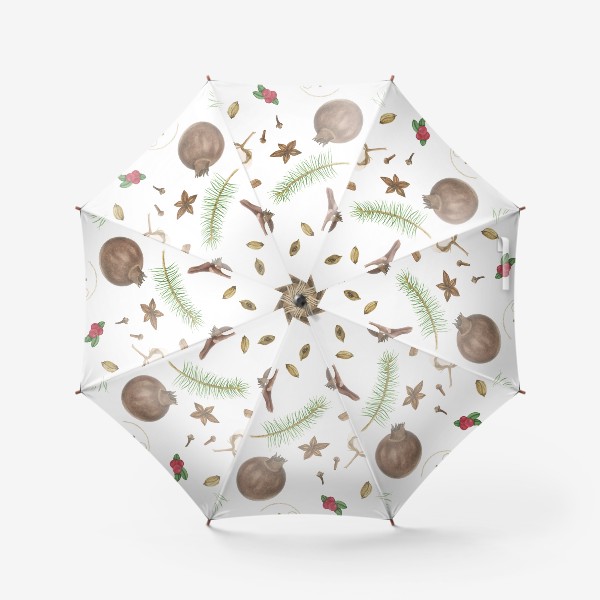 Зонт «Сухоцветы, елочные игрушки и специи на белом фоне»