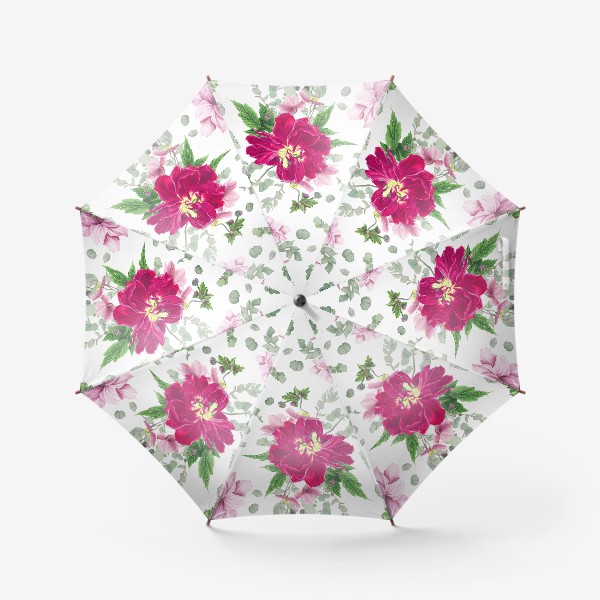 Зонт «Яркие розовые тюльпаны, анемоны и веточки эвкалипта»