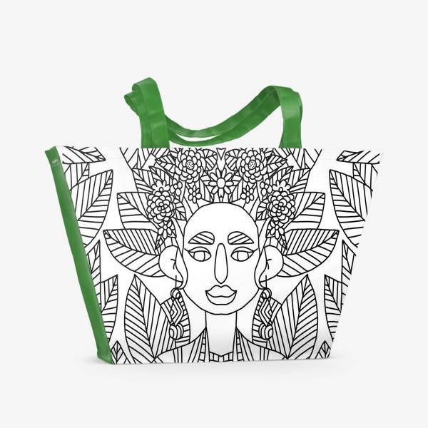 Пляжная сумка «Мексиканская красавица. Черно-белая контурная картинка »