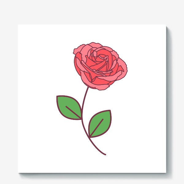 Холст «Розовая роза с зелеными листочками и длинным стеблем»