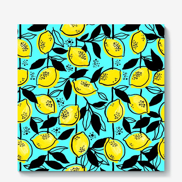 Холст &laquo;Жёлтые лимоны с черными листьями на голубом фоне&raquo;