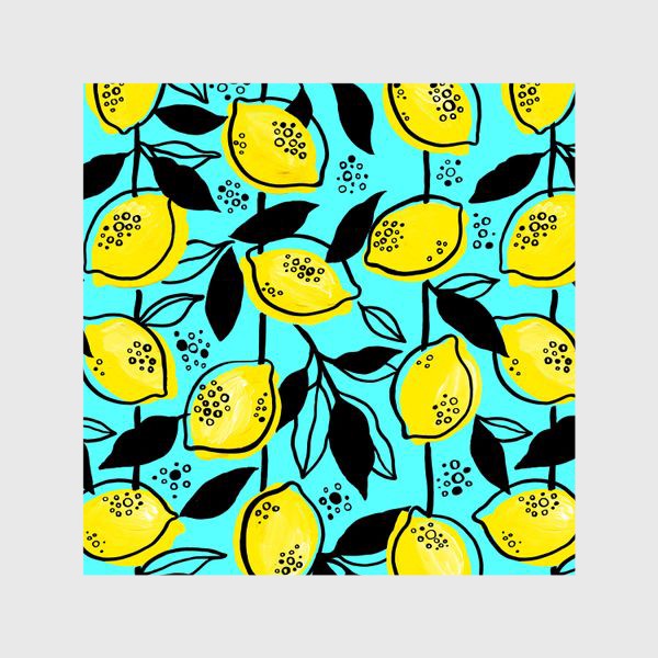 Шторы &laquo;Жёлтые лимоны с черными листьями на голубом фоне&raquo;
