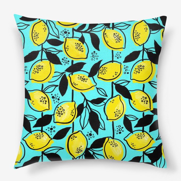 Подушка &laquo;Жёлтые лимоны с черными листьями на голубом фоне&raquo;