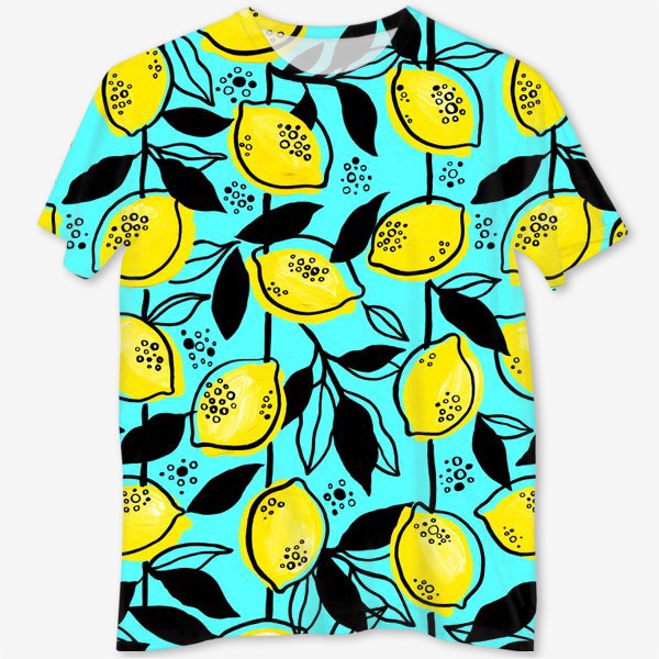 Футболка с полной запечаткой &laquo;Жёлтые лимоны с черными листьями на голубом фоне&raquo;