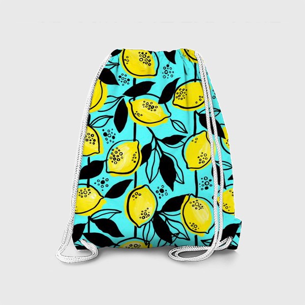 Рюкзак «Жёлтые лимоны с черными листьями на голубом фоне»