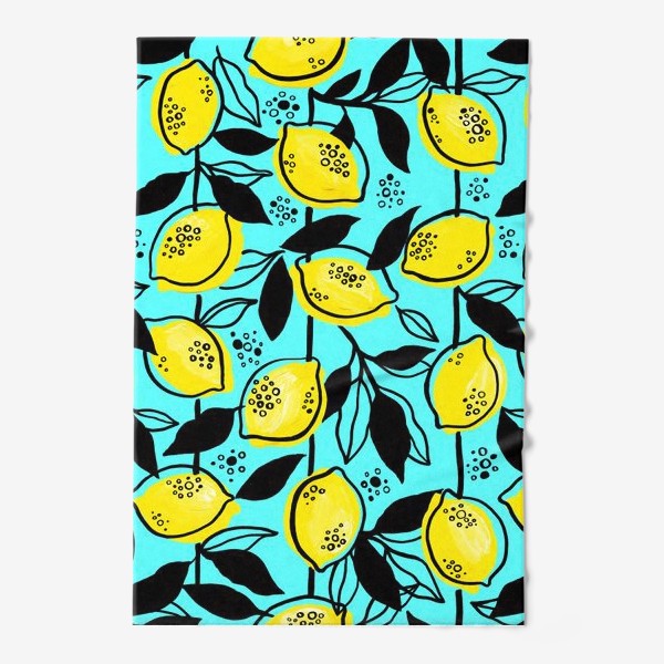 Полотенце «Жёлтые лимоны с черными листьями на голубом фоне»