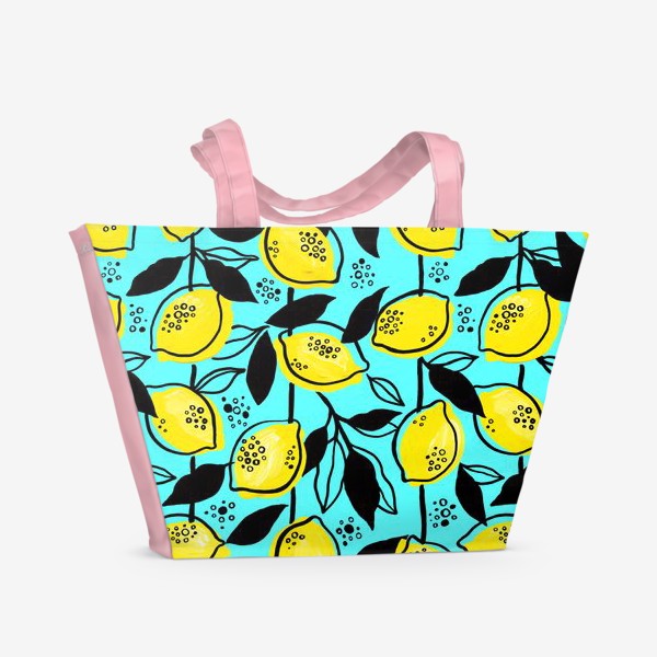 Пляжная сумка &laquo;Жёлтые лимоны с черными листьями на голубом фоне&raquo;