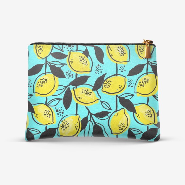 Косметичка «Жёлтые лимоны с черными листьями на голубом фоне»
