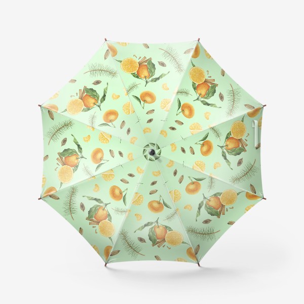 Зонт &laquo;Яркие мандарины, еловые веточки и специи на светло-зеленом фоне&raquo;