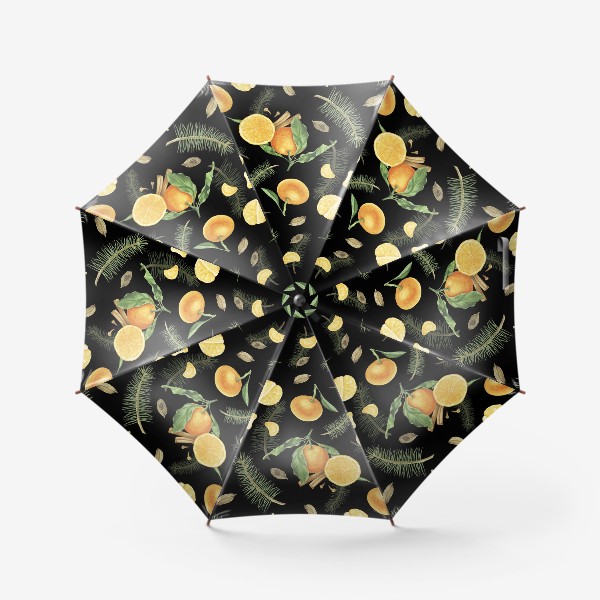 Зонт «Яркие мандарины, еловые веточки и специи на черном фоне»