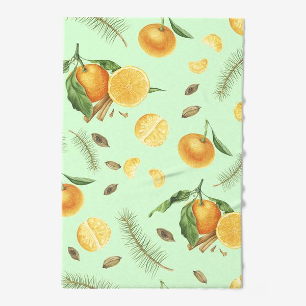 Полотенце «Яркие мандарины, еловые веточки и специи на светло-зеленом фоне»