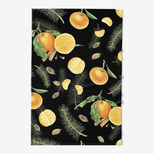Полотенце «Яркие мандарины, еловые веточки и специи на черном фоне»
