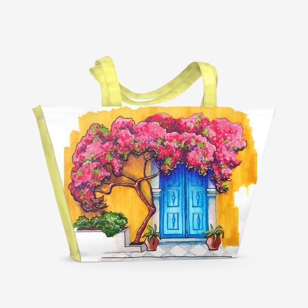 Пляжная сумка «Цветущее дерево, средиземноморский город»
