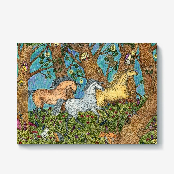 Холст «Бегущие лошади в сказочном лесу»