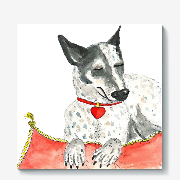 Холст &laquo;Акварельный портрет собаки (порода хилер) на красной подушке&raquo;