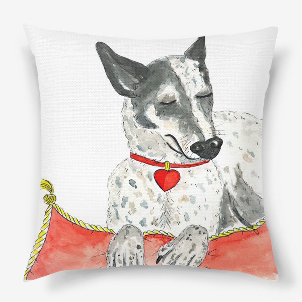 Подушка &laquo;Акварельный портрет собаки (порода хилер) на красной подушке&raquo;