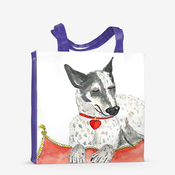 Сумка-шоппер «Акварельный портрет собаки (порода хилер) на красной подушке»