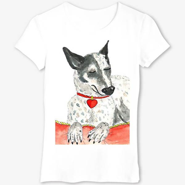 Футболка &laquo;Акварельный портрет собаки (порода хилер) на красной подушке&raquo;