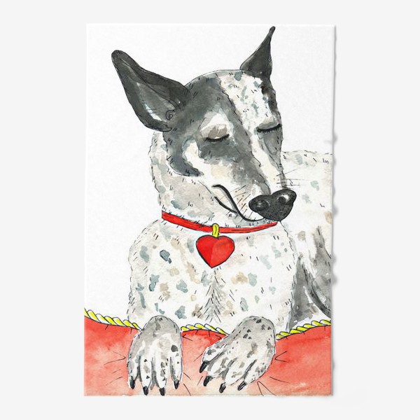Полотенце &laquo;Акварельный портрет собаки (порода хилер) на красной подушке&raquo;