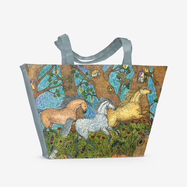 Пляжная сумка «Бегущие лошади в сказочном лесу»