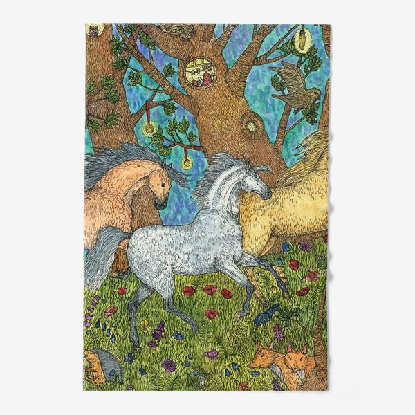 Полотенце «Бегущие лошади в сказочном лесу»