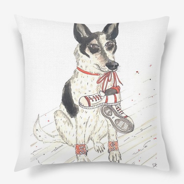 Подушка «Акварельный портрет собаки  (хилер) со спортивными аксессуарами»