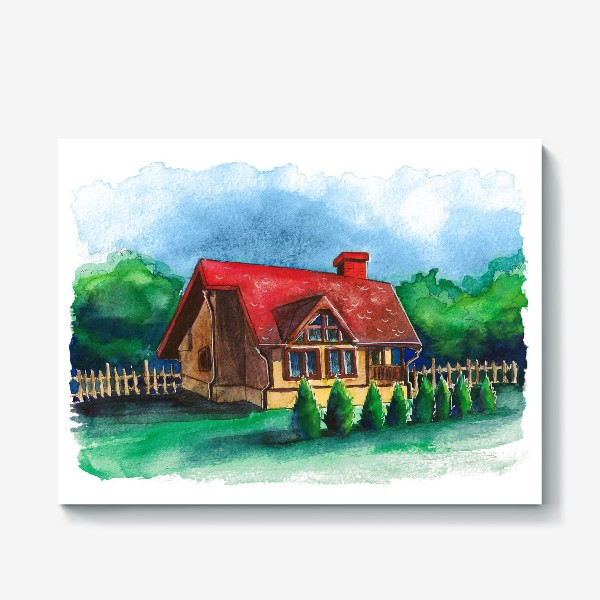 Холст «Деревенский домик с красной крышей»