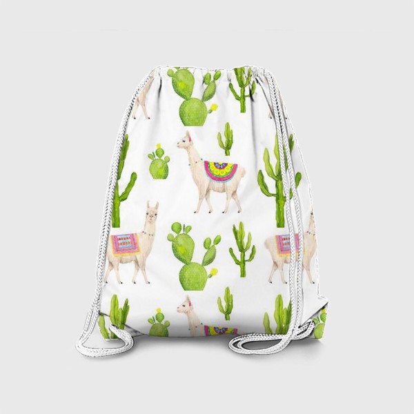 Рюкзак «Ламы (альпаки) и кактусы. Летний тропический акварельный паттерн на белом фоне»