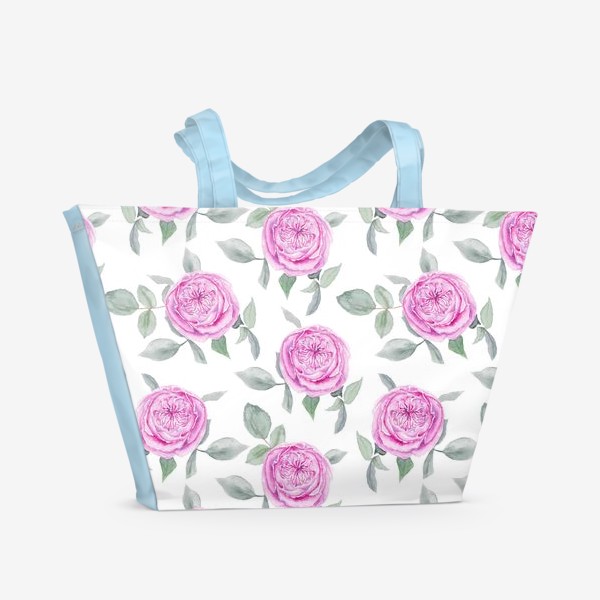 Пляжная сумка «Розовые розы. Акварельный паттерн на белом фоне»