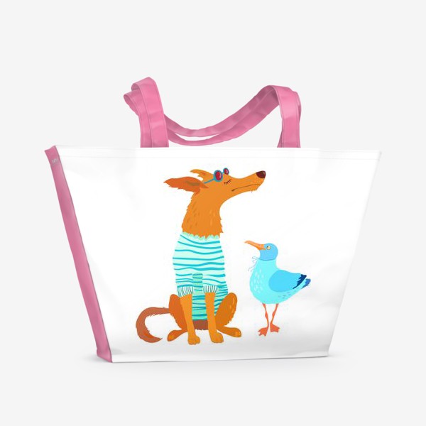 Пляжная сумка «Пес в тельняшке и чайка на белом фоне»